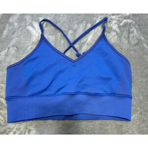 Alo Yoga Ribbed Sports Bra Blue Criss Cross Back Seamless Activewear Women S